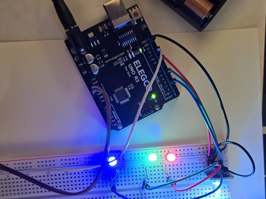Arduino Uno wired to a breadboard with lit LEDs