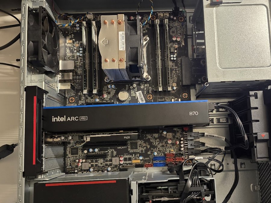 Workstation internals with an Intel Arc Pro B70 graphics card